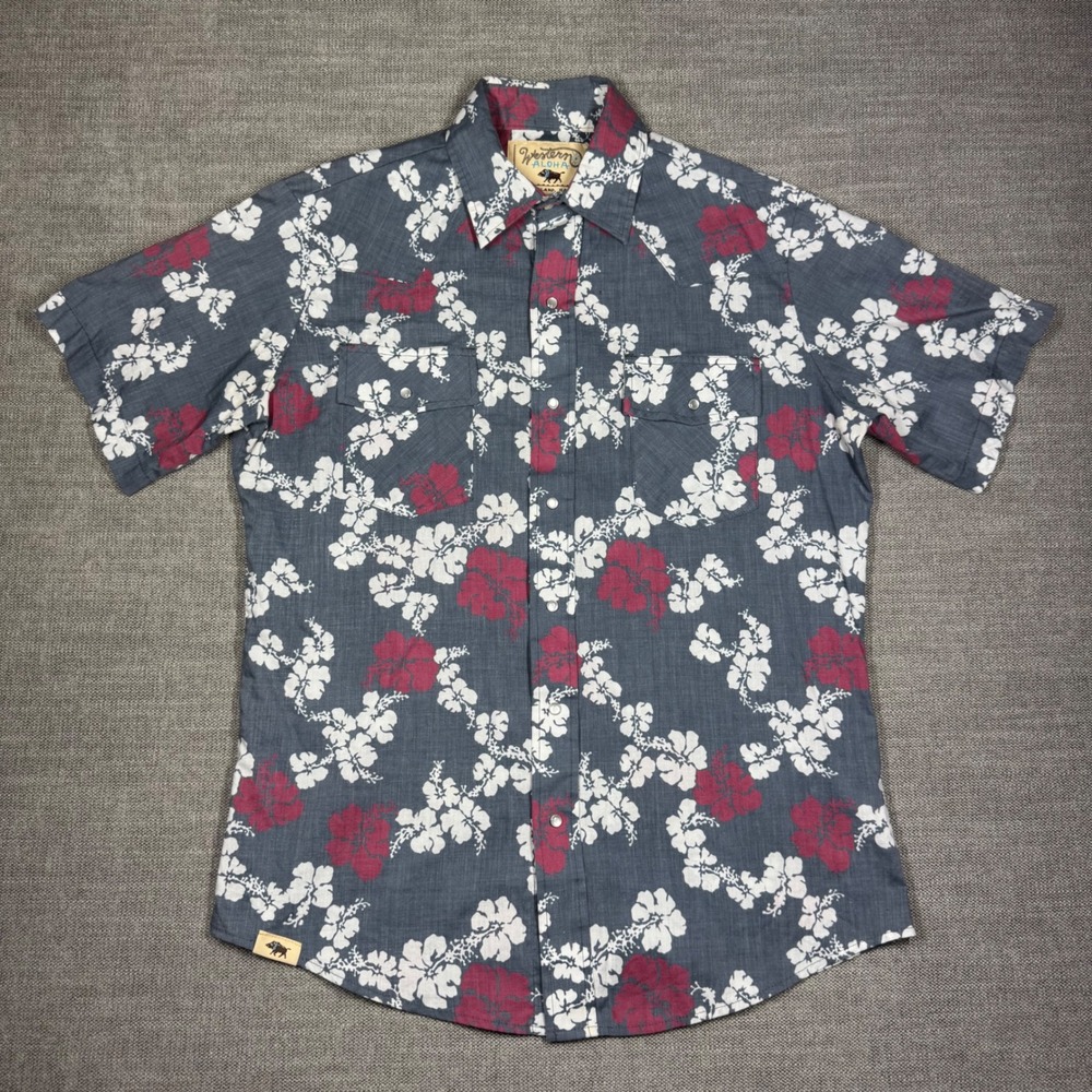 Western Aloha Mens Grey Blue Floral Hibiscus Pearl Snap Shirt Medium Cowboy